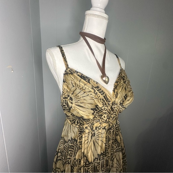 Y2K Silk Boho Midi Dress Brown Leaf Print Robbie Bee Size 6 Vacation Style - Picture 5 of 8